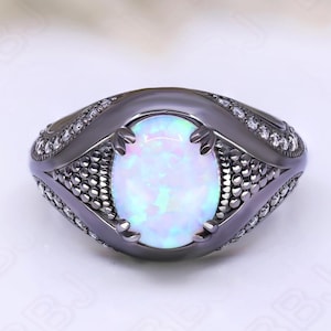 Oval Opal Edelstein 925 Silber schwarz rhodiniert Ring Unisex Verlobung Versprechen Ring Art Deco Ring Jahrestag Geschenk Geburtstagsgeschenk