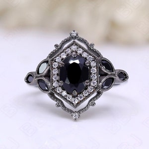 Oval Black Onyx Ring: 925 Silver Black Rhodium Art Deco Halo