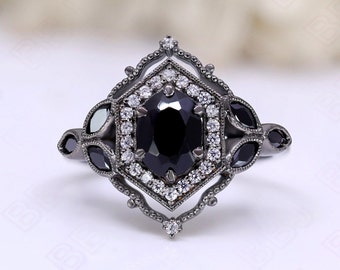 Oval Black Onyx Gemstone 925 Silver Black Rhodium Plated Ring for