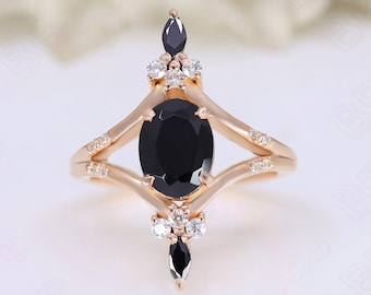 Oval Black Onyx 14K Rose Gold Ring: Art Deco 925 Silver