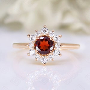Round Red Garnet Gemstone 925 Silver 14K 18K Rose Gold Halo Engagement Promise Statement Dainty Ring Birthday Anniversary Graduation Gift