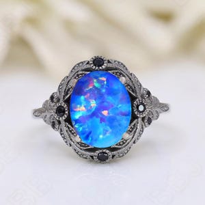 Oval Blue Opal Gemstone 925 Silver Black Rhodium Plated Ring For Her Engagement Promise Ring Art Deco Ring Anniversary Gift For Her