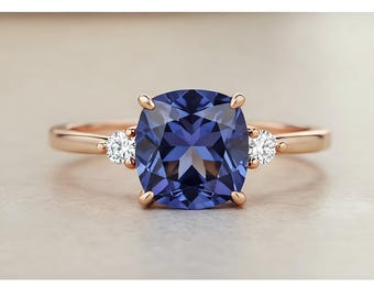 AAA Tanzanite Ring: Cushion Cut, 14k Rose Gold, Moissanite Accents