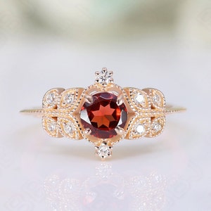 Round Red Garnet Gemstone 925 Silver 14K 18K Rose Gold Halo Engagement Promise Statement Dainty Ring Birthday Anniversary Graduation Gift