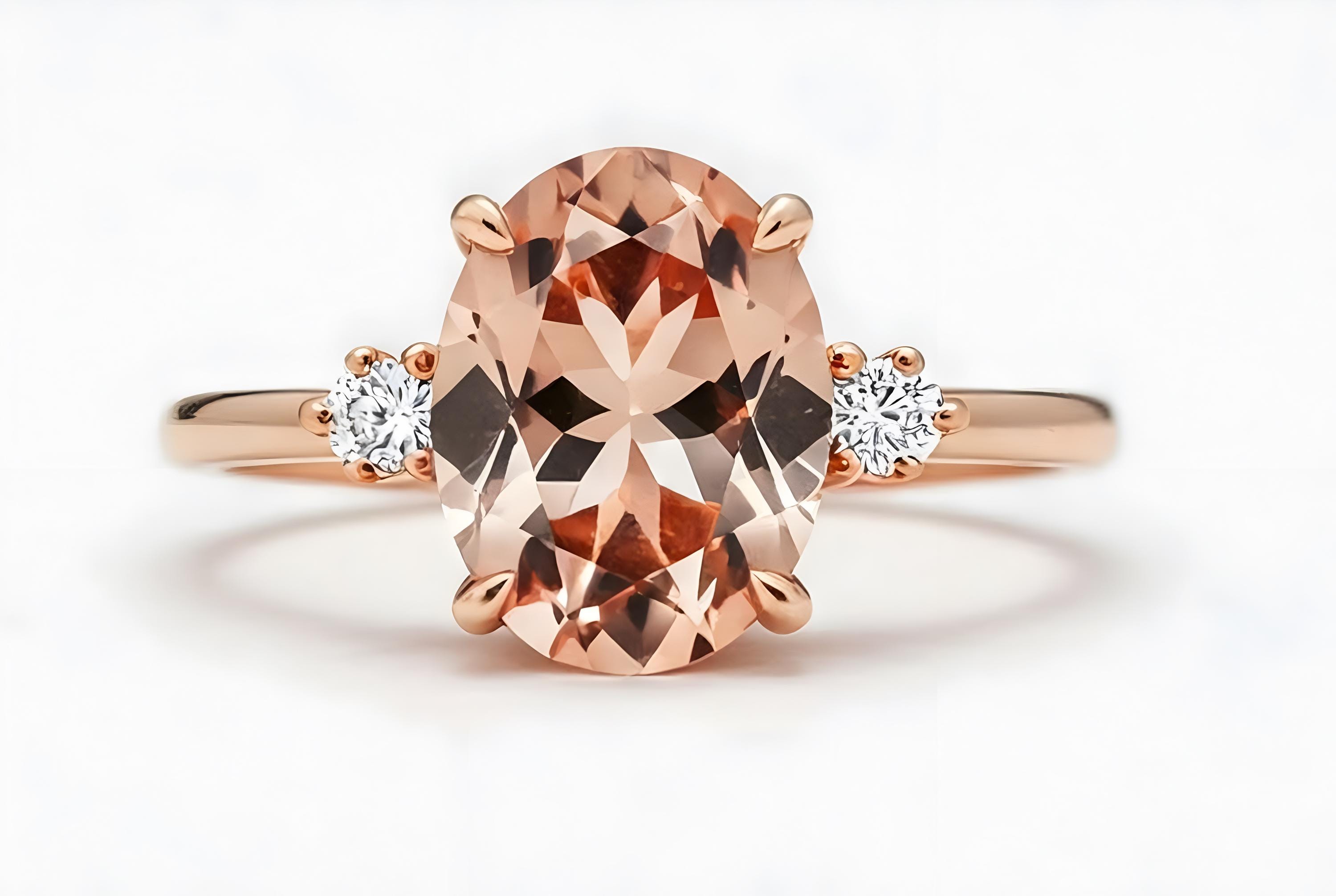 オーバルピーチモルガナイトリング：モアッサナイト付き14Kローズ