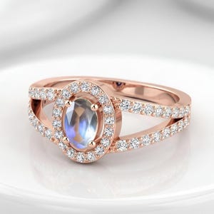 Moonstone Engagement Ring Rose Gold, Vintage Halo Moonstone Wedding Ring, Split Shank Diamond Promise Ring, June Birthstone Jewelry Gift
