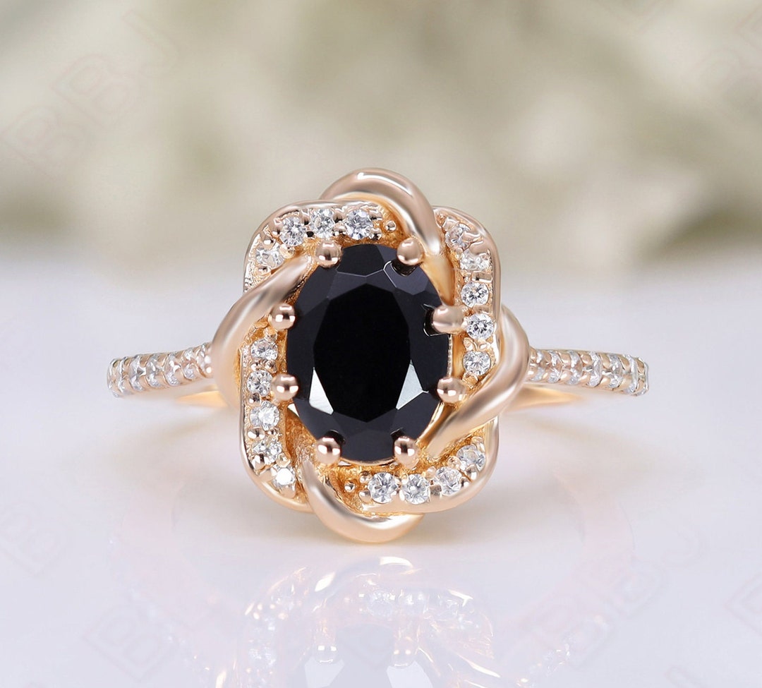 オーバルブラックオニキスリング：925シルバー、14Kローズゴールド