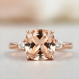 Cushion Peach Morganite Gemstone 14K 18K Rose Gold Ring Engagement Ring Wedding Solitaire Ring Bridal Ring Birthday Anniversary Gift For Her