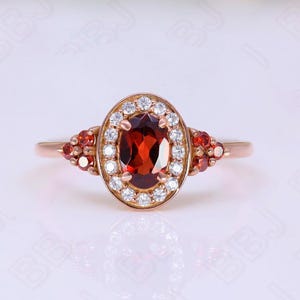 Oval Red Garnet Gemstone 925 Silver 14K 18K Rose Gold Halo Engagement Promise Statement Dainty Ring Birthday Anniversary Graduation Gift
