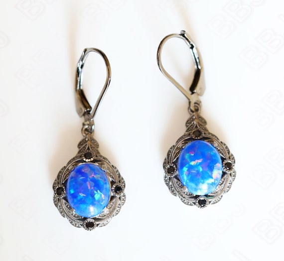 Blue Opal Lever Back Earrings: 925 Silver Black Rhodium, Nature Inspired