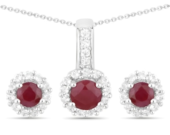 Conjunto de joyas de rubí: collar y pendientes de plata de ley