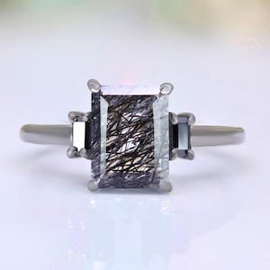 Octagon Black Rutilated Quartz 925 Silver Black Rhodium 14K 18K Gold Ring For Her Engagement Promise Statement Ring Birthday Gift