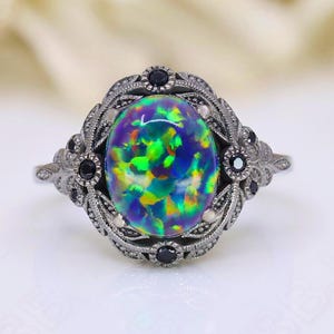Oval Peacock Opal Gemstone 925 Silver Black Rhodium Plated Ring For Her Engagement Promise Ring Art Deco Ring Anniversary Gift For Her