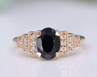 Oval Black Onyx 14K Rose Gold Ring: 925 Silver Art Deco Moissanite Jewelry