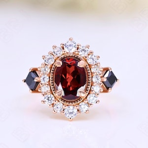Oval Red Garnet Gemstone 925 Silver 14K 18K Rose Gold Halo Engagement Promise Statement Art Deco Ring Birthday Anniversary Graduation Gift