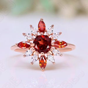 Round Red Garnet Gemstone 925 Silver 14K 18K Rose Gold Halo Engagement Promise Statement Dainty Ring Birthday Anniversary Graduation Gift