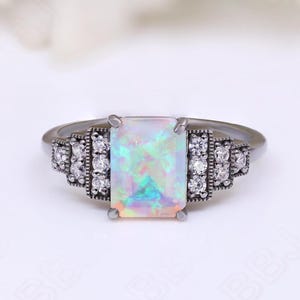 Octagon Opal Gemstone 925 Silver Black Rhodium Plated Ring Engagement Promise Ring Art Deco Ring Anniversary Gift Birthday Gift