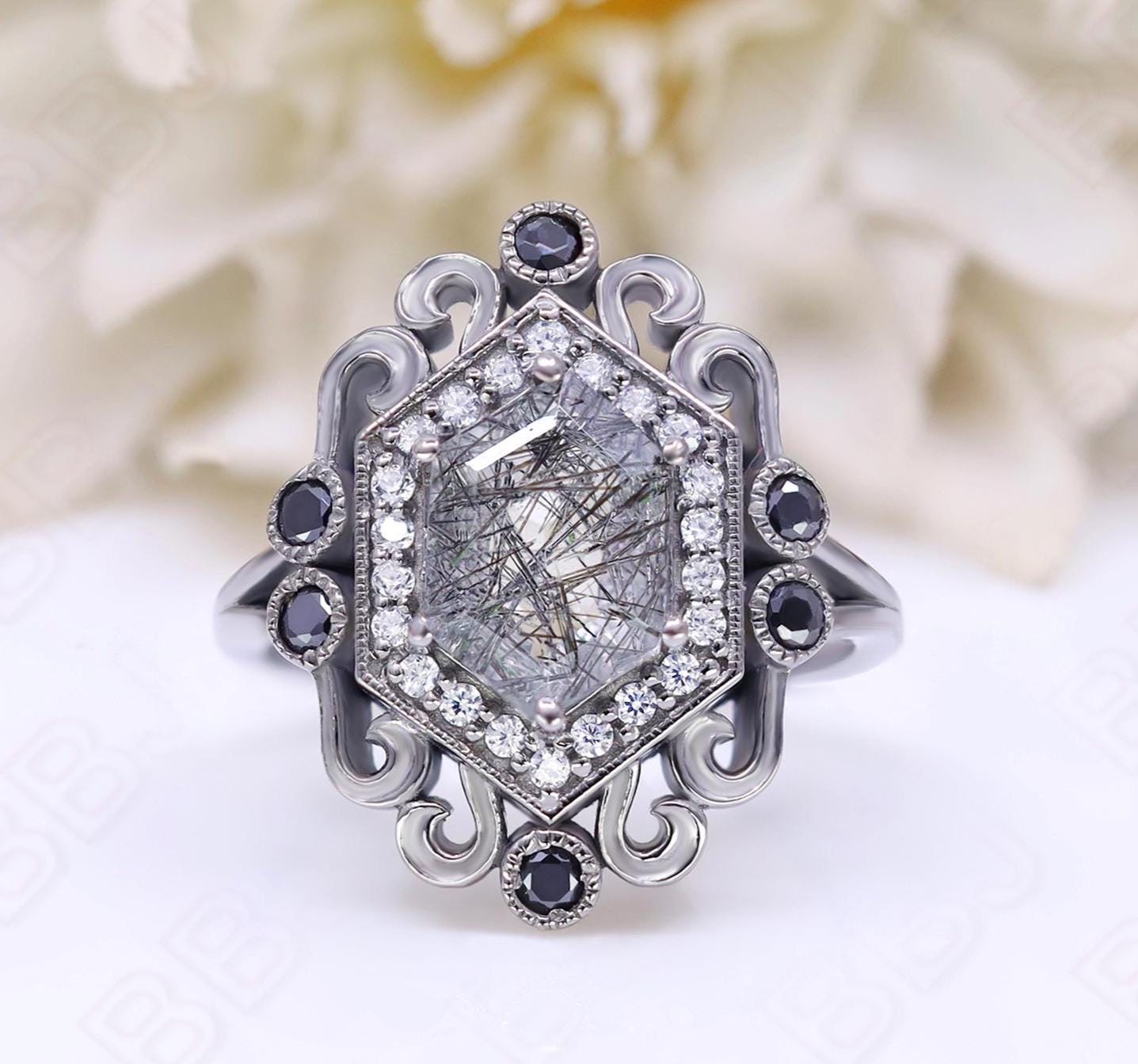 Hexagon Black Rutilated Quartz 925 Silver Black Rhodium 14K 18K Gold Art Deco Ring For Her Engagement Promise Statement Ring Birthday Gift