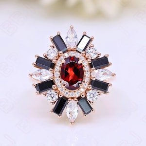 Oval Red Garnet Gemstone 925 Silver 14K 18K Rose Gold Halo Engagement Promise Statement Art Deco Ring Birthday Anniversary Graduation Gift