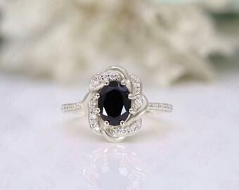 オーバルブラックオニキスリング：925シルバー、14Kローズゴールド