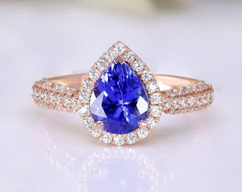 Pear Cut Tanzanite Ring: Diamond Halo, 14k Rose Gold Engagement Ring