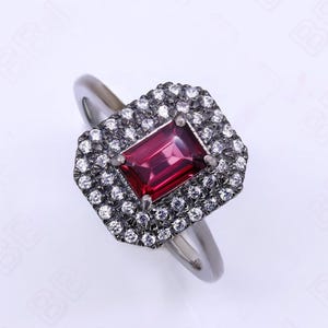 Octagon Red Garnet Ring: 925 Silver Black Rhodium, Halo Design, Moissanite Accents