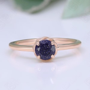Round Blue Sandstone Gemstone 925 Silver 14K 18K Rose Gold Solitaire Engagement Promise Statement Ring Birthday Anniversary Graduation Gift