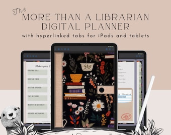 Puede incluir: Un planificador digital para bibliotecarios escolares con pestañas hipervinculadas para iPads y tabletas. El planificador presenta un diseño floral con fondo negro y una pila de libros con un tazón en la parte superior. El texto "Divergent Design Den.com" se muestra en la parte inferior de la imagen.