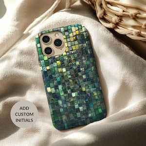 Custodia protettiva per telefono con motivo a mosaico personalizzato, effetto specchio con piastrelle di vetro, stile retrò, aspetto moderno, design a mosaico in vetro verde per iPhone