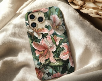 Lily Mosaic Phone Case Design Pattern Glass Flower Tile Retro Style Protective Case Hippie Look Green Mosaic Summer Phone Case Lilies