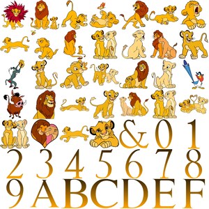 May include: A collection of cartoon lion illustrations in various poses, including adult lions, cubs, and pairs. The image also includes the numbers 0-9, the ampersand symbol, and the letters A-F, all in a golden gradient.