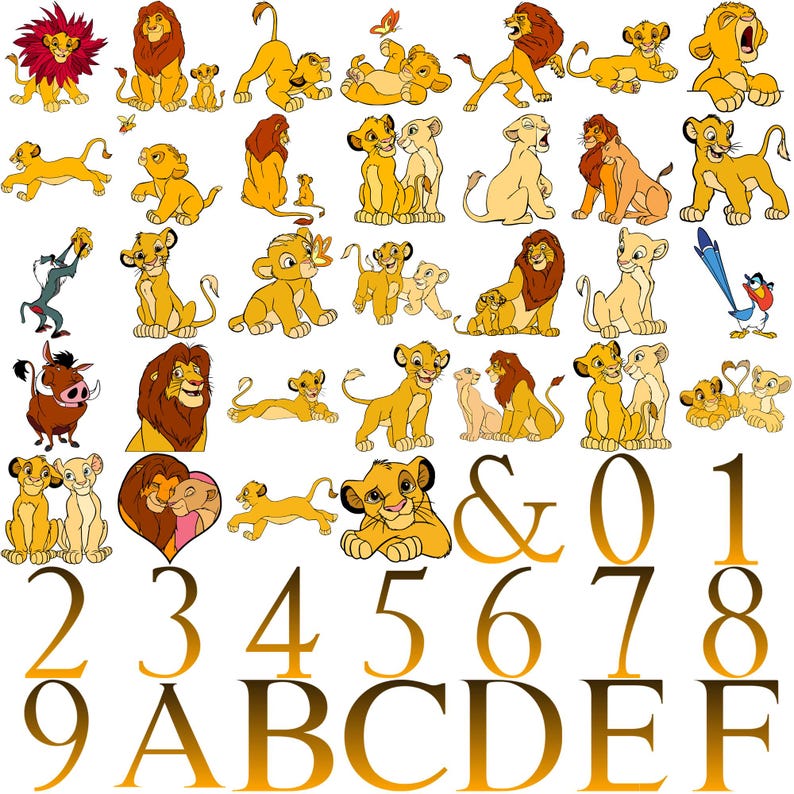 May include: A collection of cartoon lion illustrations in various poses, including adult lions, cubs, and pairs. The image also includes the numbers 0-9, the ampersand symbol, and the letters A-F, all in a golden gradient.