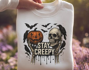Stay Creepy PNG, Halloween Skeleton Hand Pumpkin Skull, Spooky Grunge Horror Digital Design, Trendy Scary Print Sublimation
