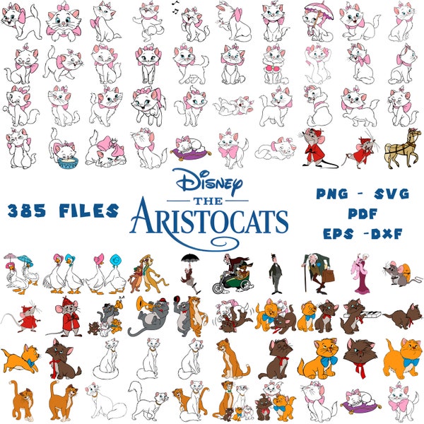 385 Fichiers Aristochats SVG PNG Clipart Fichiers superposés pour Cricut impression de découpe Instant Digital Download Clipart sublimation Frozen Cats Paris