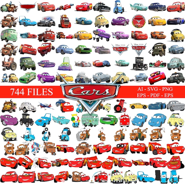 Coches PNG, Imágenes Prediseñadas de coches, Coches SVG, Paquete de cumpleaños de aviones y coches, Descarga instantánea, Descarga instantánea Lightning Mcqueen Mater, Carta cromada