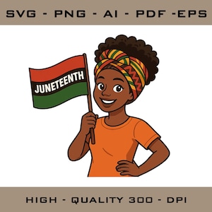 May include: Illustration of a person holding a Juneteenth flag. The flag features red and green stripes with the word "Juneteenth" in white. The person is wearing an orange shirt and a head wrap with a colorful pattern.