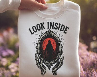 Look Inside Gothic Mirror SVG, Dark Academia Skeleton Hands PNG, Horror Aesthetic Digital Download, Spooky Wall Art Design