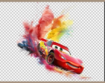 Paquete de imágenes prediseñadas PNG de Rayo McQueen Cars Splash, diseño digital de acuarela por sublimación, PNG de alta resolución de 300 ppp, fondo transparente