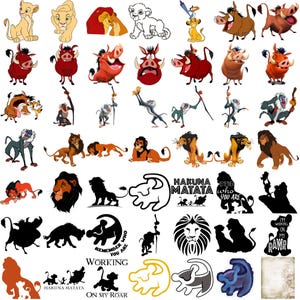 May include: A collection of Lion King-themed graphics. The images include various characters like Simba, Timon, Pumbaa, and Rafiki, in both color and silhouette forms. Text includes "Hakuna Matata", "Remember who you are", and "I'm working on my rawr".