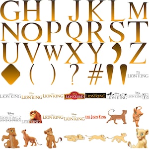 May include: A golden-yellow alphabet set, including letters, symbols, and punctuation marks. Below, various logos and images from "The Lion King" franchise are displayed, featuring characters and titles.