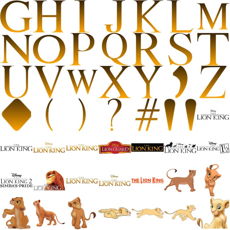 May include: A golden-yellow alphabet set, including letters, symbols, and punctuation marks. Below, various logos and images from "The Lion King" franchise are displayed, featuring characters and titles.