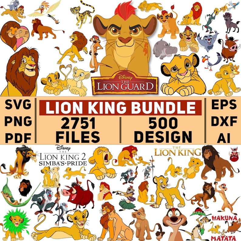 May include: A collection of colorful Lion King themed digital designs. The image includes various characters from the animated film, such as lions, Timon, Pumbaa, and Simba. Text on the image reads "Lion King Bundle" with file and design counts.