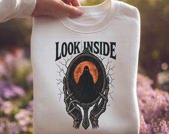 Look Inside Halloween Ghost Mirror SVG PNG PDF Spooky Skeleton Hands Digital Download Cricut Silhouette