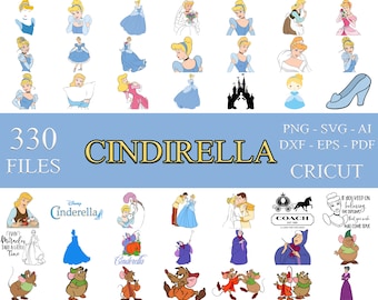 May include: A collection of 330 digital files featuring Cinderella characters, including Cinderella, Prince Charming, the Fairy Godmother, and the mice. The files are available in PNG, SVG, AI, DXF, EPS, and PDF formats, and are compatible with Cricut.
