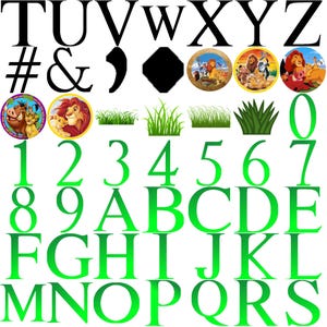 May include: A collection of alphabet letters, numbers, and symbols in black and green. The image includes illustrations of characters from the Lion King, along with blades of grass.