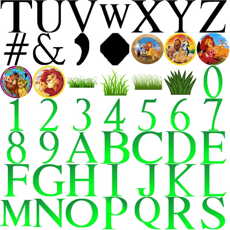 May include: A collection of alphabet letters, numbers, and symbols in black and green. The image includes illustrations of characters from the Lion King, along with blades of grass.