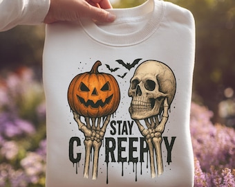 Stay Creepy Halloween SVG, Skeleton Hands Pumpkin Skull PNG, Spooky Horror Design, Gothic Digital Download