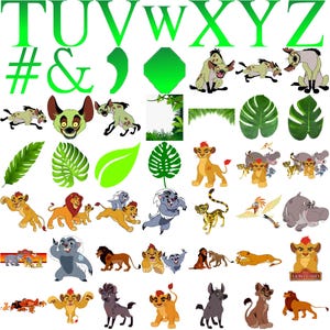 May include: A collection of colorful cartoon illustrations featuring characters from The Lion King, including lions, hyenas, and other animals. Also includes green letters, leaves, and other graphic elements.