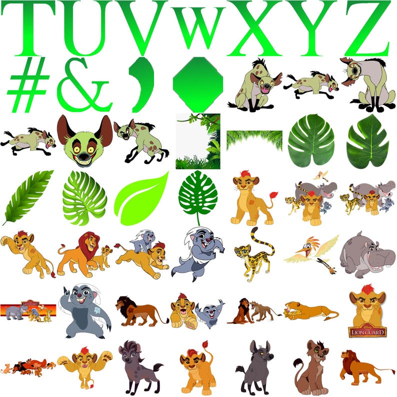 May include: A collection of colorful cartoon illustrations featuring characters from The Lion King, including lions, hyenas, and other animals. Also includes green letters, leaves, and other graphic elements.