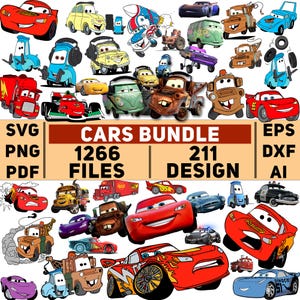 Könnte beinhalten: Ein digitales Download-Paket mit 211 Autodesigns in den Formaten SVG, PNG, PDF, EPS, DXF und AI. Das Paket enthält eine Vielzahl von Autostilen, darunter Comic-Autos, Rennwagen und klassische Autos. Das Bild zeigt eine bunte Sammlung von Autos in verschiedenen Posen und Stilen.